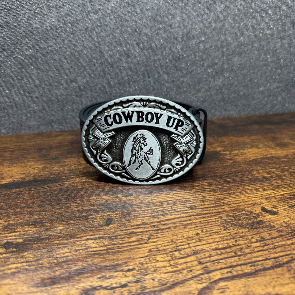 Cowboy Up Western Belt Mens 36 Black Faux Leather Silver Buckle Horse Rodeo
